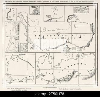 Alte Karte des Kaspischen Meeres gezeichnet von Peter dem Großen nach der Karte von Van-Verden gezeichnet 1701. Reise an die Kaspische Küste im Jahr 1858. Alter Stich aus dem 19. Jahrhundert aus Le Tour du Monde 1860 Stockfoto