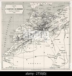 Geographische Karte des Königreichs Marokko im Jahr 1860. Afrika. Reisen in Marokko. Alter Stich aus dem 19. Jahrhundert aus Le Tour du Monde 1860 Stockfoto