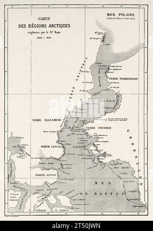 Karte der arktischen Regionen von Elisha Kent Kane 1853–1855. Alter Stich aus dem 19. Jahrhundert aus Le Tour du Monde 1860 Stockfoto