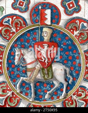 Simon de Montfort, 6. Earl of Leicester (ca. 1208 – 4. August 1265). De Montfort war ein Adliger normannischer französischer Herkunft und Mitglied der englischen Adelsfamilie, der die baronische Opposition gegen die Herrschaft König Heinrich III. Von England anführte und im Zweiten Baronskrieg gipfelte. Zeichnung eines Buntglasfensters in der Kathedrale von Chartres, um 1250 Stockfoto