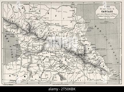 Alte Kaukasuskarte, die die Route von Moynet von Baku bis zur Mündung des Flusses Phasis 1858 dient. Aserbaidschan. Reise zum Schwarzen Meer und zum Kaspischen Meer 1858 mit Moynet. Alter Stich aus dem 19. Jahrhundert aus Le Tour du Monde 1860 Stockfoto