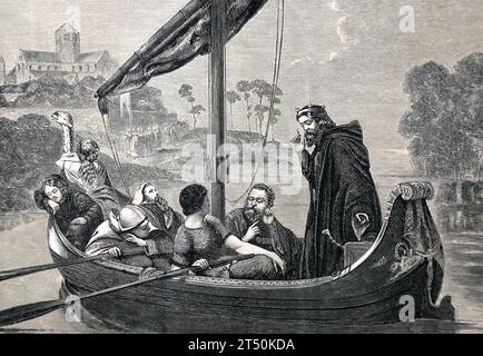Illustration von Canute auf dem Fluss Nene, dem Chor von Ely Minster aus der Popular History of England Band 1 von Charles Macfarlene und Stockfoto