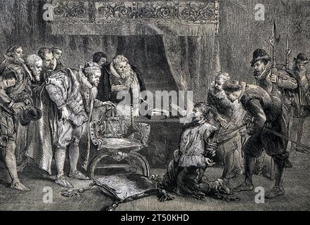 Illustration von Guy Fawkes brachte James I. und seinem Rat 1605 aus der Popular History of England Band 1 von Charles Macfarlene und Thoma vor Stockfoto