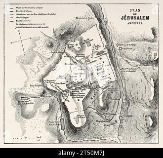 Karte der Altstadt von Jerusalem. Reise in Palästina, 1856-1859. Alter Stich aus dem 19. Jahrhundert aus Le Tour du Monde 1860 Stockfoto