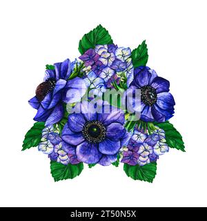 Blumen violette Anemone und Hortensie. Illustration der Blumenkomposition, Rahmen, Strauß für Grußkarte, Hintergrund oder Flyer. März. International Stockfoto