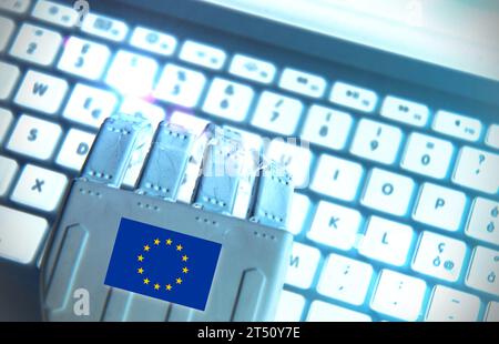 Roboterhand-Tippen auf einer Tastatur mit der Europa-Flagge. Zukunftskonzept und KI in Europa Stockfoto