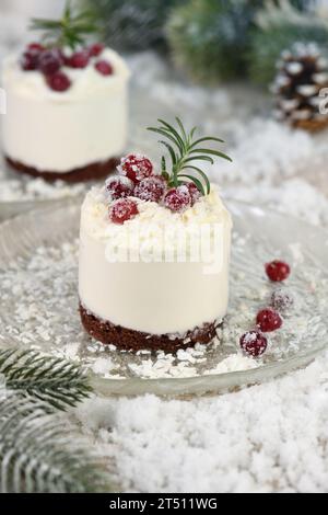 Mousse Cakes mit Kokosnusscreme und griechischer Joghurt über Schokoladenkuchen sind das perfekte Dessert. Gib Schlagsahne und Beeren hinzu. Verwöhnen Sie Freunde und Angehörige Stockfoto