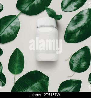Beauty-Hautpflege-Creme im leeren sauberen Röhrenmodell auf grünem Blatthintergrund, Bio-Kosmetikprodukt. Hintergrund mit Kopierraum. Vektor-Illustration, Naturkosmetik-Konzept Stock Vektor