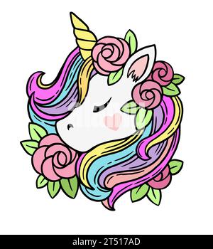 Illustration eines niedlichen weißen Einhorns mit Regenbogenmähne und Blumen. Vektordruck für Kinder Buch, Druck, Grußkarte, T-Shirt Stock Vektor