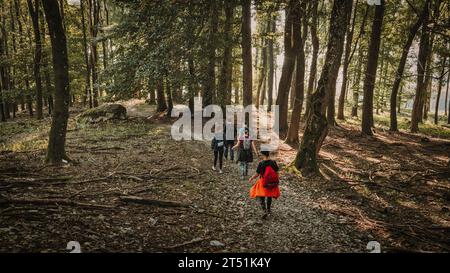 Eine Gruppe von Menschen macht eine gemütliche Wanderung in einem bewaldeten Gebiet in Bratislava, Slowakei Stockfoto