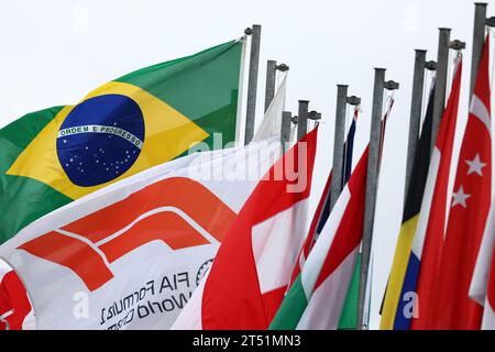 Sao Paulo, Brasilien. November 2023. Kreislaufatmosphäre – Flaggen. Formel-1-Weltmeisterschaft, Rd 21, großer Preis Brasiliens, Donnerstag, 2. November 2023. Sao Paulo, Brasilien. Quelle: James Moy/Alamy Live News Stockfoto