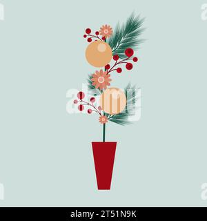 Zweig eines Weihnachtsbaums mit Blumen und Kugeln im Topf. Vektorabbildung in abgewickelter Form. Elemente für die Konstruktion. Geeignet für Poster, Einladungen, Karten und Banner Stock Vektor