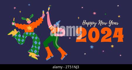 Fröhliche Weihnachten und Happy New Year Banner, Weihnachtshintergrund und Karte mit groovigen, bizarren, unverhältnismäßigen Charakteren, die den Weihnachtsmann tragen Stock Vektor