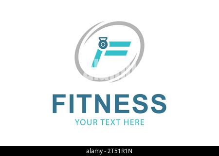 Fitness-Logo. Buchstabe F mit Kettlebell. Kreatives, einfaches Logo im Kreis. Einfache Vektorkonstruktion bearbeitbar Stock Vektor
