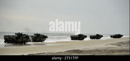 120206KB666-176 CAMP LEJEUNE, N.C. (6. Februar 2012) Amphibious Assault Vehicles (AAV) des amphibischen Transportdocks USS Oak Hill (LSD 51) machen sich während einer amphibischen Angriffsübung im Rahmen von Bold Alligator 2012 auf den Weg zum Ufer. Übung Bold Alligator 2012, die größte amphibische Marine-Übung der letzten 10 Jahre, repräsentiert die Revitalisierung der gesamten Palette der amphibischen Operationen durch das Navy and Marine Corps. Die Übung konzentriert sich auf den heutigen Kampf mit den heutigen Kräften und zeigt die Vorteile des Seabasings auf. Diese Übung findet vom Januar 30 bis zum 12. Februar 2012 statt Stockfoto