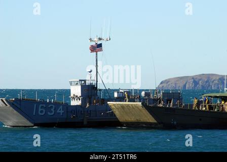 0907166692A-013 SHOALWATER BAY, Australien (16. Juli 2009) das Australian Army Landing Craft Mechanize (LCM) ab 1060 manövriert zusammen mit dem U.S. Navy Landing Craft Utility (LCU) 1634, das der Angriffsflugzeugeinheit (ACU) 1 zugeordnet ist, für einen Personaltransfer. Die LCU 1634 wurde vom Amphibienschiff USS Tortuga (LSD 46) gestartet, um Personal und Ausrüstung während der Talisman Saber 2009 von Schiff zu Land zu transportieren. Talisman Saber ist eine zweijährliche gemeinsame militärische Übung zwischen den USA und Australien, die sich auf operative und taktische Interoperabilität konzentriert. Marineblau Stockfoto