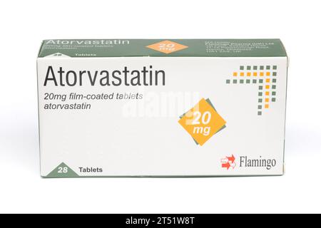 Eine Schachtel mit 28 20 mg Atorvastatin Filmtabletten Stockfoto