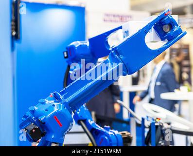 Industrielle Pick-and-Place, Einlegen, Qualitätsprüfung oder Maschine tending Roboterarm Stockfoto