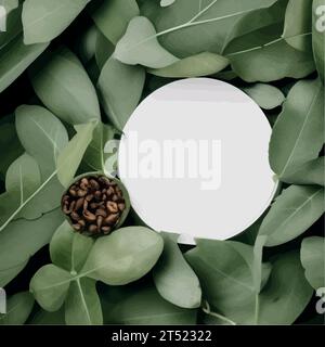 Hautentgiftung. Biokosmetik-Konzept. Schönheitsbehandlungsprodukt. Rundes Modell in den tropischen Blättern auf dem Hintergrund. Kopierraum-Modell, Vektorillustration, Naturkosmetik-Konzept Stock Vektor