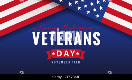 Veteranentagsbanner mit Fahnen und rotem Band. Zu Ehren aller, die gedient haben. November Stock Vektor