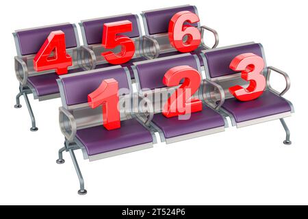 Wartendes Konzept. Bank oder Stühle für Wartezimmer mit Nummern, 3D-Rendering isoliert auf weißem Hintergrund Stockfoto