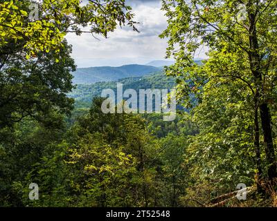 Am Cranny Crow Overlook in West Virginia entdecken Sie eine Welt voller wilder und wunderbarer Natur. Die Landschaft ist eine fesselnde Mischung aus rauem Gelände Stockfoto