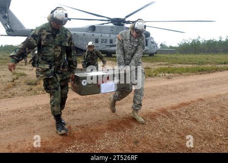 0808133595W-040 TUAPI, Nicaragua (13. August 2008) im Rahmen der Fortsetzung von Promise 2008 transportierten gemeinsame Militärs an Bord des amphibischen Angriffsschiffs USS Kearsarge (LHD 3) Vorräte zu einer provisorischen medizinischen Klinik in Tuapi, Nicaragua. Kearsarge ist die wichtigste Plattform zur Unterstützung der Karibikphase von Continuing Promise, einer Mission zur Gleichberechtigung zwischen den Vereinigten Staaten, Kanada, den Niederlanden, Brasilien, Nicaragua, Panama, Kolumbien, Dominikanische Republik, Trinidad und Tobago und Guyana. Marineblau Stockfoto