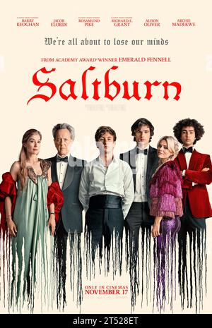 ERSCHEINUNGSDATUM: 17. November 2023. TITEL: Saltburn. STUDIO: MRC Film. DIREKTOR: Emerald Fennell. PLOT: Ein Student an der Oxford University findet sich in die Welt eines charmanten und aristokratischen Klassenkameraden hingezogen, der ihn in das weitläufige Anwesen seiner exzentrischen Familie einlädt, für einen Sommer, den er nie vergessen wird. HAUPTROLLE: Poster Art. (Credit Image: © MRC Film/Entertainment Pictures/ZUMAPRESS.com) NUR REDAKTIONELLE VERWENDUNG! Nicht für kommerzielle ZWECKE! Stockfoto
