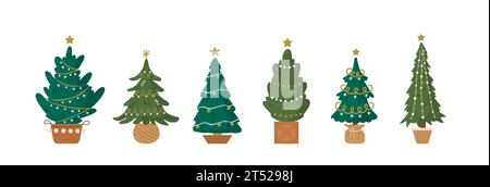 Weihnachtsbäume in Töpfen. Set grüner Festtannen mit Girlanden und Sternen. Gemütliche Hausdekorationen auf weißem Hintergrund. Vektorabbildung in flach Stock Vektor