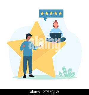 Vektor-Illustration für Kundenfeedback. Cartoon winzige Leute mit Bewertung Gold Star um positive Erfahrungen mit der Qualität des Produkts zu bewerten, geben Kunden fünf Sterne für die Bewertung in der Online-Umfrage Stock Vektor