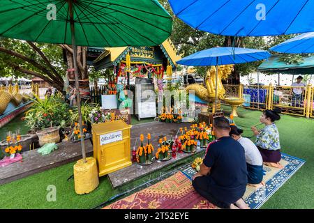 PHA That Luang, That Luang, buddhistische Stupa und Tempel, kleiner Schrein mit Naga Statue vor dem Hof, Vientiane, Laos, Südostasien, Asien Stockfoto