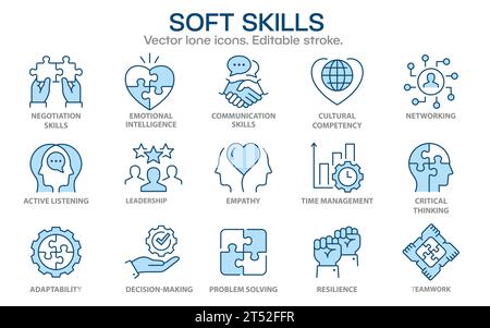 Flache Symbole für Soft Skills wie Führung, Teamarbeit, Problemlösung, Zeitmanagement und vieles mehr. Bearbeitbare Kontur. Stock Vektor