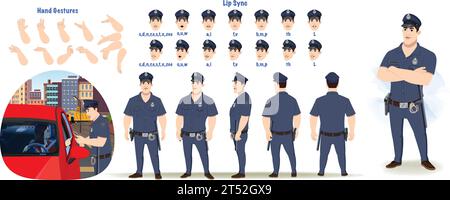 Ein Polizist, ein Bullenmodell. Polizeierstellungsset. Polizeiinspektor, Handgesten, Lippensynchronisierung Stock Vektor