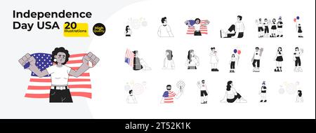 Feierlichkeiten zum 4. juli in Schwarz-weiß-Zeichentrickfilm mit flachen Illustrationen Stock Vektor