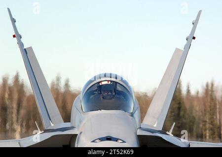 0704173488S-040 FAIRBANKS, Alaska (17. April 2007) - Eine F/A-18 der Marinestruppe Strike Fighter Squadron (VFA) 87 sitzt während der Red Flag-Alaska 07:1 auf der Fluglinie. Red Flag-Alaska ist eine von der Pacific Air Forces geleitete Übung für US-Streitkräfte, die unter simulierten Luftkampfbedingungen geflogen werden. Es wird auf dem Pacific Alaska Range Complex durchgeführt, wobei die Luftwaffenstützpunkte Eielson und Elmendorf verlassen werden. Die VFA-87 hat ihren Sitz in der Naval Air Station Oceana, Va U.S. Air Force Stockfoto