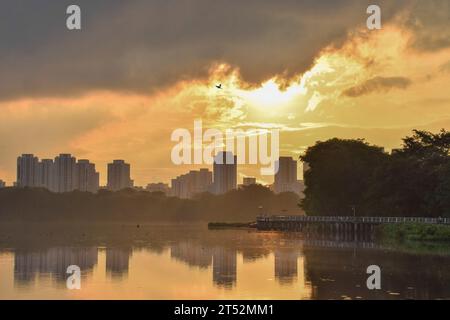 Sonnenaufgang in den Jurong Lake Gardens in Singapur. Im Hintergrund befinden sich Wohngebäude in Jurong East. Ein Reiher, der hoch über dem See fliegt. Stockfoto