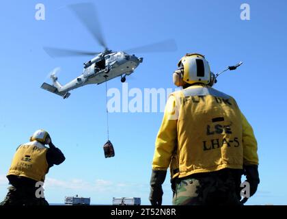 1003045969B-032 PACIFIC OCEAN (4. März 2010) Seeleute steuern einen MH-60S Sea Hawk Hubschrauber, der Munition an Bord des amphibischen Angriffsschiffs USS Peleliu (LHA 5) liefert. Peleliu ist vor der Küste Südkaliforniens in Vorbereitung auf einen geplanten Einsatz im Westpazifik 2010. Marineblau Stockfoto