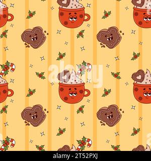 Grooviges nahtloses Retro-Weihnachtsmuster mit Zeichentrickfiguren roter Tasse Kakao und Lebkuchenherz auf gelbem Hintergrund. Happy New Year Vector Backgr Stock Vektor
