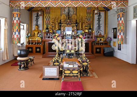 Gedenkschrein für Nichidatsu Fujii, japanischen buddhistischen Mönch und Gründer des Nipponzan-Myōhōji-Ordens des Buddhismus in der Friedenspagode Shanti Stupa, Nepal Stockfoto