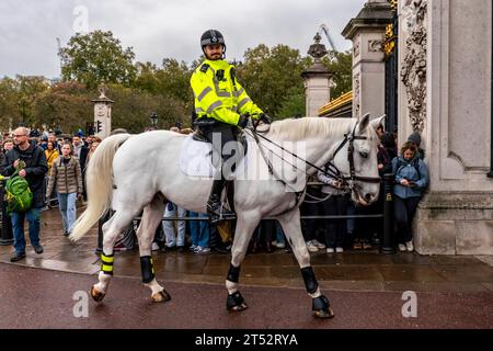 Ein berittener Polizist vor dem Buckingham Palace, London, Großbritannien Stockfoto