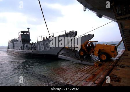 0801240807W-141 Sasebo, Japan (24. Januar 2008) Ein Gabelstapler des amphibischen Angriffsschiffs USS Essex (LHD 2) entlädt Vorräte von Landing Craft Utility 1631. Essex ist das führende Schiff der Essex Expeditionary Strike Group und dient als Flaggschiff der Task Force 76. US Navy Stockfoto