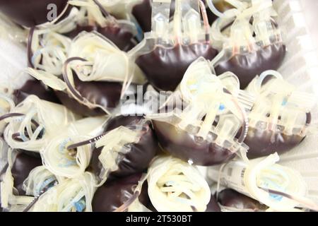 110818IA102-008 CAMP JOHNSON, N.C. (18. August 2011) Blutbeutel von Seeleuten, die dem Field Medical Training Battalion East zugewiesen sind, werden während einer Blutfahrt in Camp Johnson, N.C., im Rahmen des Armed Services Blood Program in einer Kiste aufbewahrt. (U.S. Marine Corps Stockfoto