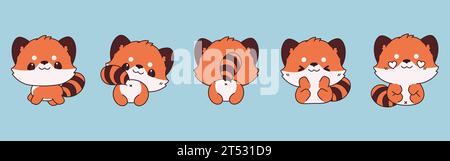 Sammlung von Vector Cartoon Baby Red Panda Art. Set von Kawaii isolierten Tierillustrationen für Drucke für Kleidung, Aufkleber, Babydusche, Färbung Stock Vektor