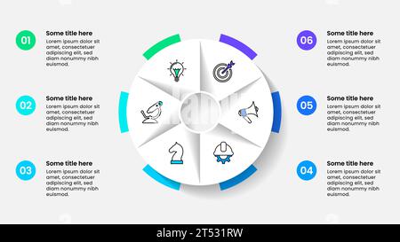 Infografikvorlage mit Symbolen und 6 Optionen oder Schritten. Tortendiagramm. Kann für Workflow-Layout, Diagramm, Banner und Webdesign verwendet werden. Vektorillustration Stock Vektor