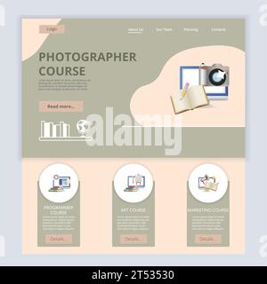 Vorlage für flache Landing-Page-Website für den Fotografen-Kurs. Programmierer-Kurs, Kunstkurs, Marketing-Kurs. Webbanner mit Kopf-, Inhalt- und Fußzeile Stock Vektor