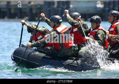 0807232959L-442 CORONADO, Kalif (23. Juli 2008) Schüler des Basic Crewman Training (BCT) paddeln mit einem Combat Rubber Raiding Craft (CRRC) durch die San Diego Bay während ihrer ersten Fahrt in einem CRRC auf der Naval Amphibious Base Coronado. BCT ist die erste Phase der Spezialausbildung für die Kampfführung (SWCC). SWCCs betreiben und pflegen das Inventar der Navy an hochmodernen Hochleistungsbooten, die zur Unterstützung von Robben bei Spezialeinsätzen weltweit eingesetzt werden. Stockfoto