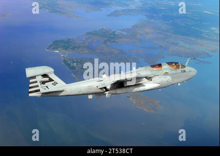 110916JQ696-872 PATUXENT RIVER, MD. (16. September 2011) ein EA-6B Prowler der „Salty Dogs“ der Air Test and Evaluation Squadron 23 (VX-23) fliegt mit einer Biokraftstoffmischung aus JP-5 Flugkraftstoff und Kamelinöl über Südmaryland. Die Prowler absolvierten erfolgreich ihren ersten Biokraftstoffflug hier und setzten den Aufschwung der Navy in Richtung Energieunabhängigkeit fort. (U.S. Navy Stockfoto