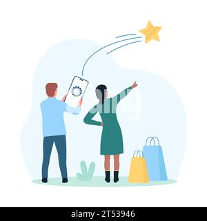Vektor-Illustration für Kundenfeedback. Cartoon Tiny People starten Star vom Mobiltelefon in den Himmel, Kunden bewerten die Erfahrung mit dem Produkt mit der Smartphone-App, stimmen für exzellenten Service und Qualität Stock Vektor