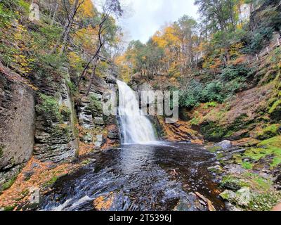 Wunderschöner Blick auf den Hauptwasserfall, umgeben von atemberaubendem Herbstlaub in der Nähe von Bushkill Falls, Pennsylvania, USA Stockfoto