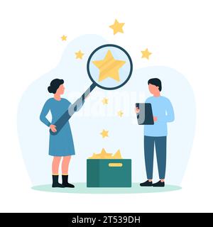 Vektor-Illustration für Kundenfeedback. Cartoon winzige Leute, die durch die Lupe auf Gold STAR schauen, um ein Produkt mit ausgezeichneter Bewertung und Preis online zu finden, wählen Kunden den besten Service Stock Vektor